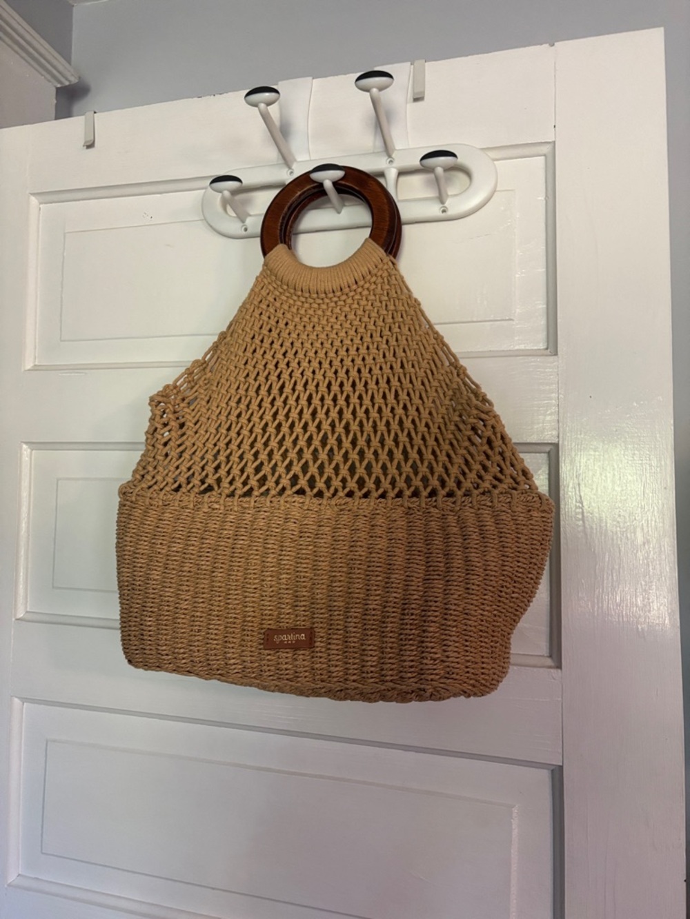 Woven Tan Tote Bag with Wooden Handles - Women Bags - Picture 3 of 5